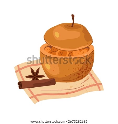 Baked apple or autumn dessert. Vector sweet fruit with cinnamon spice and nuts, sugar and butter. Roasted food or homemade treat. Delicious culinary for fall holiday or celebration. Natural nutrition.