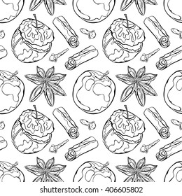 Baked apple and spices. Apple, cinnamon, cloves, dried star anise flowers. Vector seamless pattern (background).