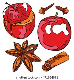Baked apple and spices. Isolated vector objects on white background.