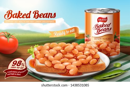 Baked Beans Ads With Delicious Beans On Toast, Bokeh Nature Background In 3d Illustration