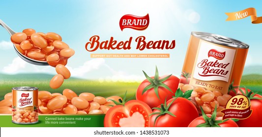 Baked Beans Ads With Fresh Tomatoes On Bokeh Nature Background In 3d Illustration