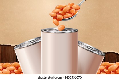 Baked beans blank tin with ingredients in 3d illustration on torn paper and wooden plate
