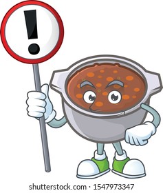 baked beans in bowl with sign warning mascot