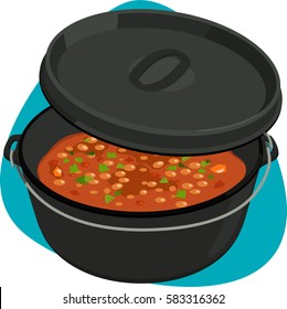 Baked beans in cast iron dutch oven with lid with ridge. Isolated. On green background.