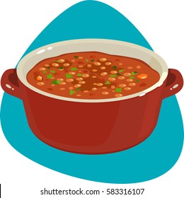 Baked beans in enameled dutch oven. Isolated. On green background.