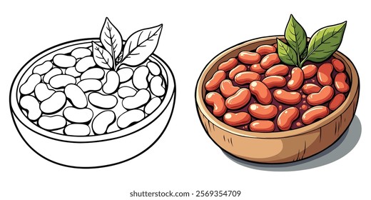 Baked Beans Line Art Vector Illustration Black and White with Coloring Sample. Bold and Easy Food and Snacks Coloring Pages for Adults and Kids.