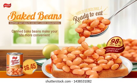 Baked Beans On Toast Ads With Bokeh Interior Background In 3d Illustration