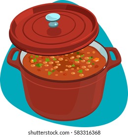 Baked beans in red cocotte. Isolated. On green background.