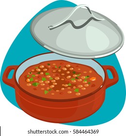 Baked beans in shallow pot with lid. Isolated. On green background.