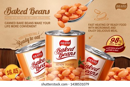 Baked Beans Tin Ads On Torn Paper And Wooden Table Background, 3d Illustration