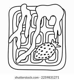 Baked Belgian waffle with jam and fresh strawberry. Traditional sweet breakfast with seasonal fruit. Healthy food for breakfast. Vector doodle illustration in trendy naive style. Cafe menu.