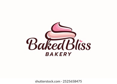 Baked Bliss logo with beautiful combination of cupcake topping and lettering for bakery, cakery, cafe, etc.