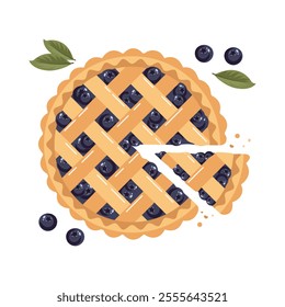 Baked blueberry pie with blueberries, top view. Food, dessert, sweet. Flat illustration