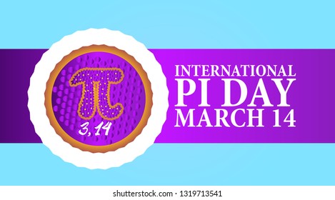 Baked blueberry pie with Pi Symbol and ribbon. Pi symbol is mathematical constant  irrational number  greek letter. Abstract digital illustration for March 14th.
