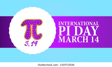 Baked blueberry pie with Pi Symbol and ribbon. Pi symbol is mathematical constant  irrational number  greek letter. Abstract digital illustration for March 14th.