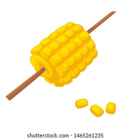 Baked or boiled corn on wooden stick food vector isolated snack of natural ingredients grain organic meal rural harvest vegetable, for vegetarian or vegan eating maize cooked with spices flat style