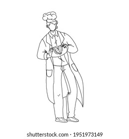 Baked Bread Breaking Bakehouse Worker Chef Black Line Pencil Drawing Vector. Fresh Bread Nutrition Holding Baker Man. Character Hold Bakery Cooked From Dough Food, Delicious Snack Nourishment 