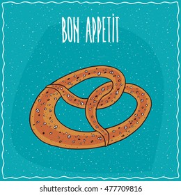 Baked bread from dough, shaped into a twisted knot, known as pretzel or kringle. Blue background and lettering Bon appetit. Handmade cartoon style