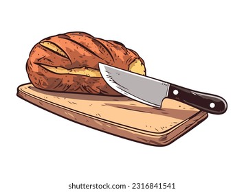 pan y cuchillo horneados en el icono de tabla de corte aislado