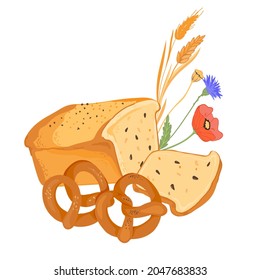 Baked bread and pretzels with wheat ears and field flowers. Isolated bakery products image for bakehouse or shop, flour packs, flat vector illustration isolated on white background.