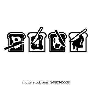 baked bread toast butter with knife icons vector design black white color illustration collection set