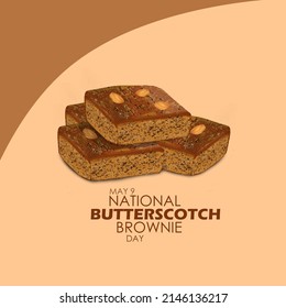 Baked Butter Brownies Topped With Almonds on brown background with Bold Text, National Butterscotch Brownie Day May 9