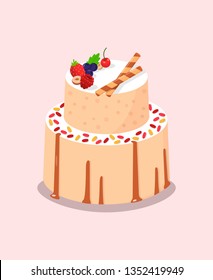 Baked Cake Banner Vector Illustration. Dessert with Sweet Berries such as Strawberry, Raspberry, Cherry, Blueberry, Cookies, Nuts and Candies. Pie for Birthday, Wedding. Advertisement for Bakery Shop.