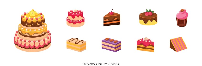 Baked Cake and Sweet Dessert with Decoration Vector Set