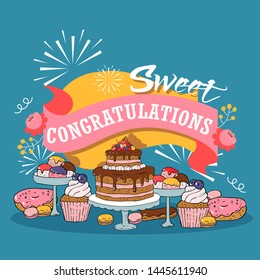 Baked cakes cartoon vector illustration. Poster with fruit, berries and chocolate cakes, cupcakes and poundcakes with Birthdate holiday congratulation banner on blue background.