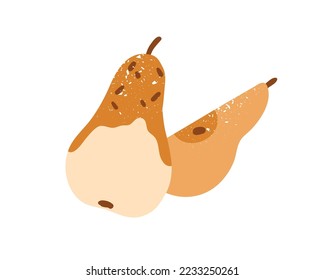 Baked caramelized pear. Sweet fruit dessert with caramel, honey, winter spices. Christmas seasonal yummy food. Homemade eating. Flat vector illustration isolated on white background