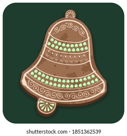 Baked cartoon bell with ornamental decorations. Gingerbread cookie isolated on a green background. Hand drawn Christmas vector elements for illustration, card, banner and holiday background.
