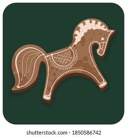 Baked cartoon horse toy with ornamental decorations. Gingerbread cookie isolated on a green background. Hand drawn Christmas vector elements for illustration, card, banner and holiday background.