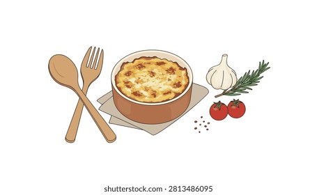 Baked casserole dish served on linen napkins with a wooden spoon, wooden fork, head of garlic, fresh rosemary sprig, and two red tomatoes.