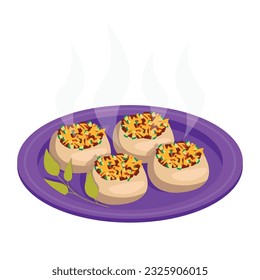 Baked champignons stuffed with meat, vegetables and cheese. Vector graphic.