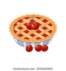 Baked cherry pie with cherries. Food, dessert, sweet. Flat illustration, sweet snack icon