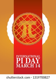 Baked cherry pie with Pi Symbol and ribbon. Pi symbol is mathematical constant, irrational number, greek letter. Abstract digital illustration for March 14th.