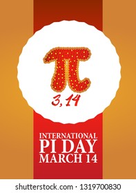 Baked cherry pie with Pi Symbol and ribbon. Pi symbol is mathematical constant, irrational number, greek letter. Abstract digital illustration for March 14th.