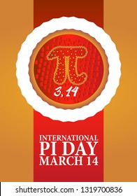Baked cherry pie with Pi Symbol and ribbon. Pi symbol is mathematical constant, irrational number, greek letter. Abstract digital illustration for March 14th.