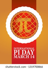 Baked cherry pie with Pi Symbol and ribbon. Pi symbol is mathematical constant, irrational number, greek letter. Abstract digital illustration for March 14th.