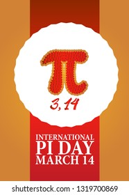 Baked cherry pie with Pi Symbol and ribbon. Pi symbol is mathematical constant, irrational number, greek letter. Abstract digital illustration for March 14th.