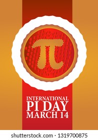 Baked cherry pie with Pi Symbol and ribbon. Pi symbol is mathematical constant, irrational number, greek letter. Abstract digital illustration for March 14th.