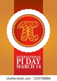 Baked cherry pie with Pi Symbol and ribbon. Pi symbol is mathematical constant, irrational number, greek letter. Abstract digital illustration for March 14th.