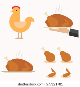 Baked chicken, chicken icon, chicken leg, food, meat. Flat design, vector illustration, vector.