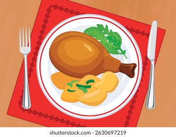 Coxa de frango assada e batata em uma ilustração vetorial de vista superior da placa. Perna de frango assada e enfeite vegetal em uma mesa de madeira acima do vetor de vista. Perna de peru frito no desenho de mesa