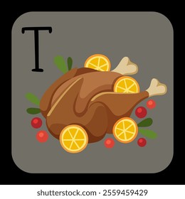 baked chicken with lemons vector illustration