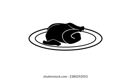 baked Chicken on platter, black isolated silhouettes set