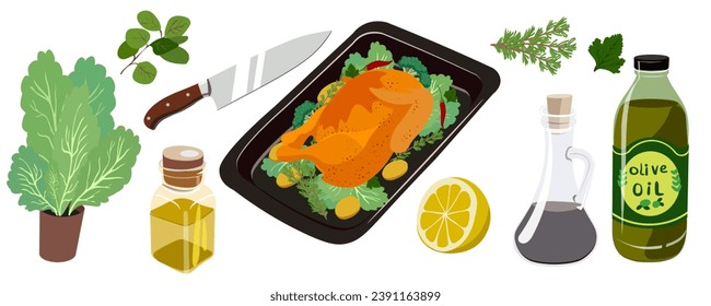 pollo al horno con verduras en una hoja de hornear en vector. platos e ingredientes de cocina en un estilo semirealista. objetos para el diseño de menú para el café bar restaurante aplicación folleto del sitio web.