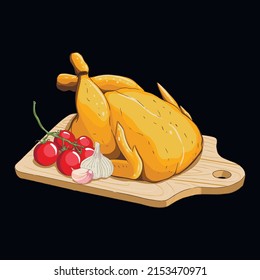 Baked chicken and vegetables on a board. Vector illustration
