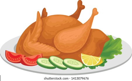 Baked chicken with vegetables. Vector illustration on white background.