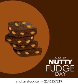 Gebackener Schokoladenkuchen mit dem Namen Nutty Fudge mit einer Beregnung von Mandeln auf braunem Hintergrund, National Nutty Fudge Day, 12. Mai